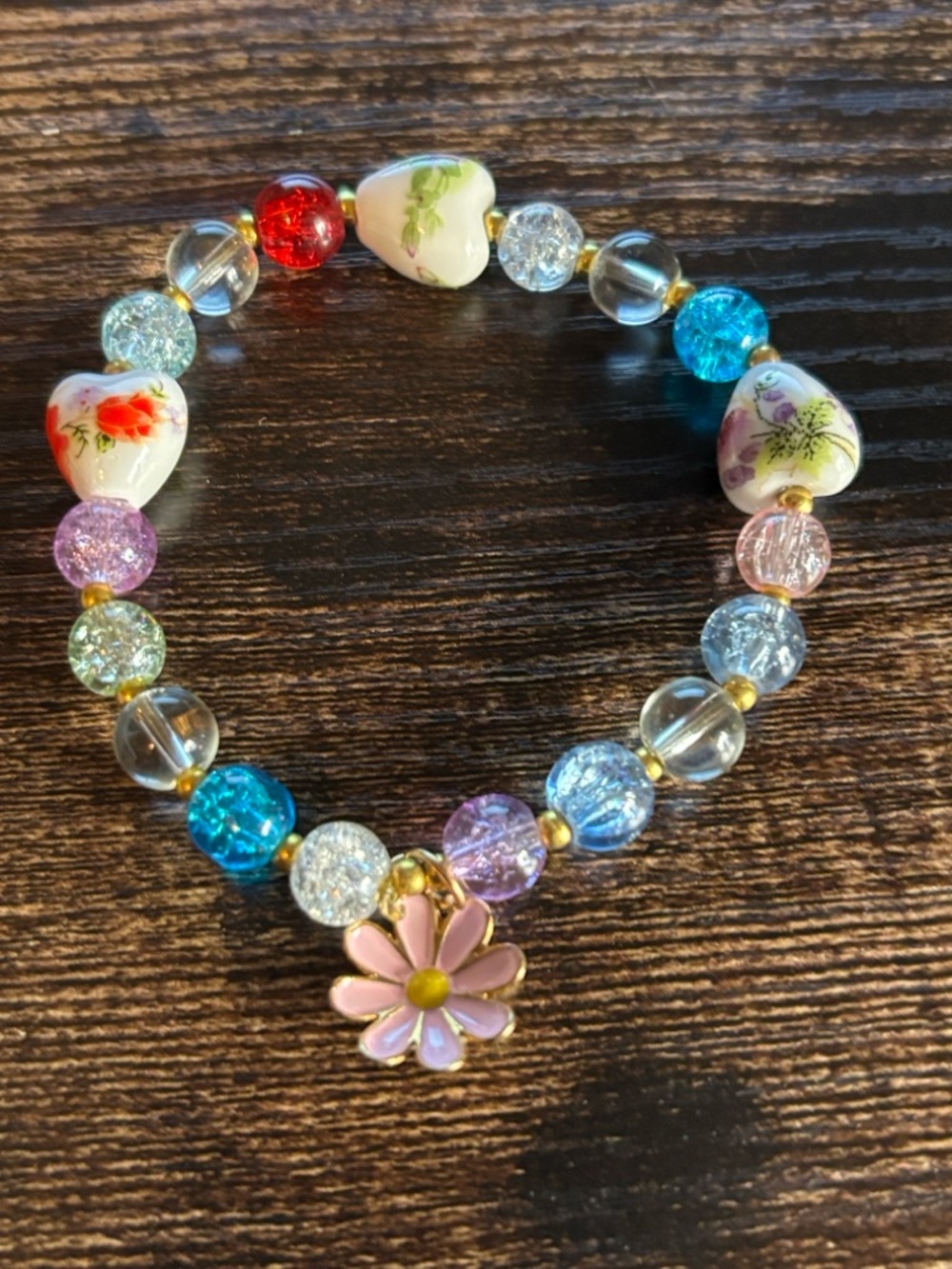 Handmade Floral Heart Beaded Stretch Bracelet Pink Daisy Charm Cottagecore